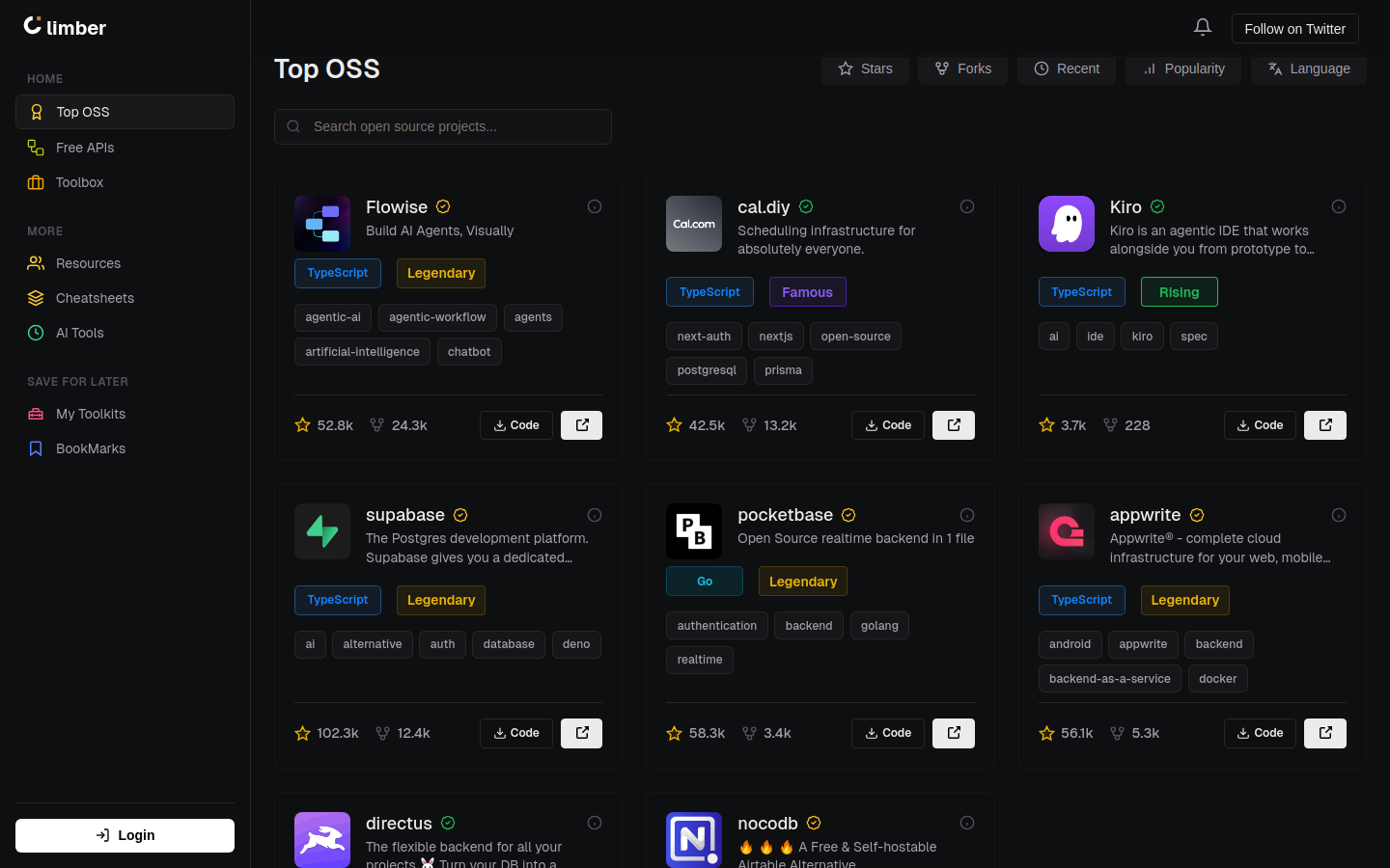 Ossium Application Preview - Dashboard showing OSS projects
